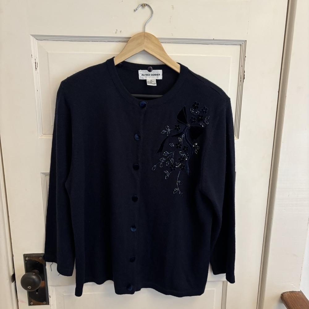 Alfred Dunner Vintage Navy Bow Floral‎ Embroidered Cardigan Wool Blend Size XL